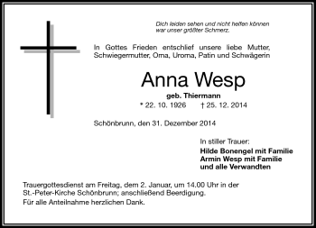 Traueranzeige von Anna Wesp von Frankenpost