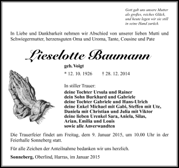 Traueranzeige von Lieselotte Baumann von Südthüringer Presse