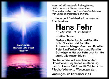 Traueranzeige von Hans Fehr von Südthüringer Presse