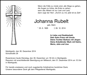 Traueranzeige von Johanna Rubelt von Neue Presse Coburg
