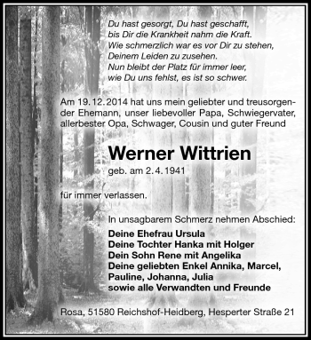 Traueranzeige von Werner Wittrin von Südthüringer Presse