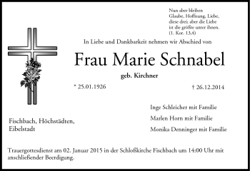 Traueranzeige von Marie Schnabel von Neue Presse Coburg
