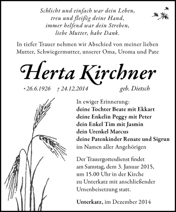 Traueranzeige von Herta Kirchner von Südthüringer Presse