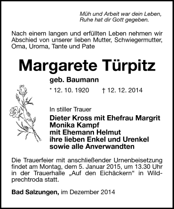 Traueranzeige von Margarete Türpitz von Südthüringer Presse