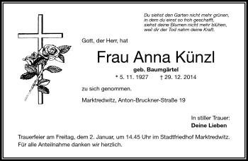 Traueranzeige von Anna Künzl von Frankenpost
