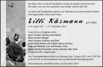 Traueranzeige von Lilli Käsmann von Südthüringer Presse