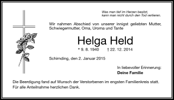 Traueranzeige von Helga Held von Frankenpost