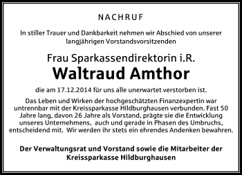 Traueranzeige von Waltraud Amthor von Südthüringer Presse