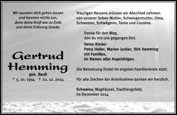 Traueranzeige von Gertrud Hemming von Südthüringer Presse