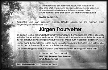 Traueranzeige von Jürgen Trautvetter von Südthüringer Presse