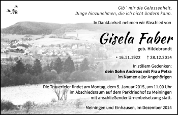 Traueranzeige von Gisela Faber von Südthüringer Presse