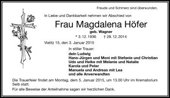 Traueranzeige von Magdalena Höfer von Frankenpost