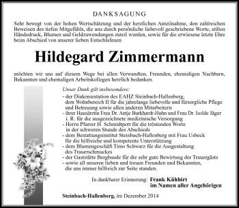 Traueranzeige von Hildegard Zimmermann von Südthüringer Presse