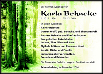 Traueranzeige von Karla Behncke von Südthüringer Presse