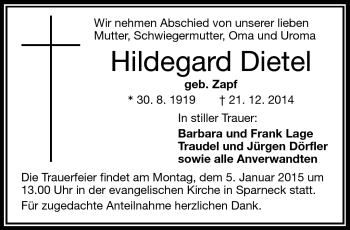 Traueranzeige von Hildegard Dietel von Frankenpost