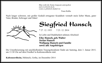Traueranzeige von Siegfried Hansch von Südthüringer Presse