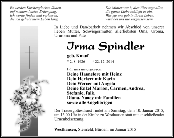 Traueranzeige von Irma Spindler von Südthüringer Presse