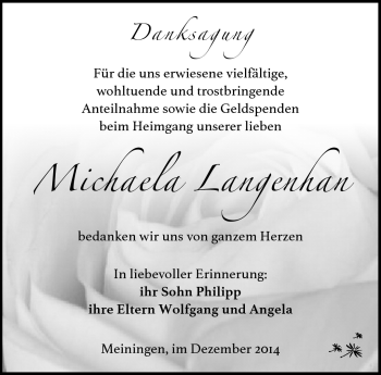 Traueranzeige von Michaela Langenhan von Südthüringer Presse