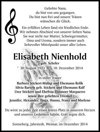 Traueranzeige von Elisabeth Nienhold von Südthüringer Presse