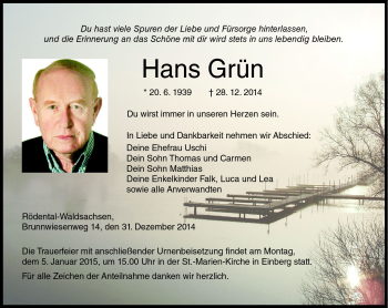 Traueranzeige von Hans Grün von Neue Presse Coburg
