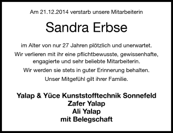 Traueranzeige von Sandra Erbse von Neue Presse Coburg