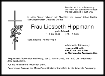 Traueranzeige von Lisbeth Hippmann von Frankenpost