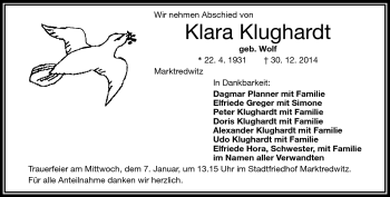 Traueranzeige von Klara Klughardt von Frankenpost