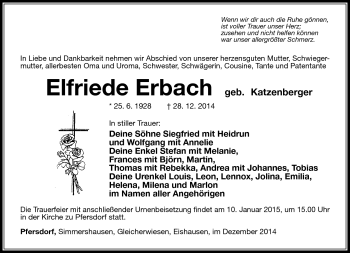 Traueranzeige von Elfriede Erbach von Südthüringer Presse