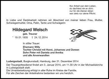 Traueranzeige von Hildegard Welsch von Neue Presse Coburg