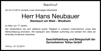 Traueranzeige von Hans Neubauer von Neue Presse Coburg