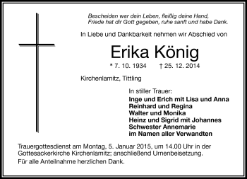 Traueranzeige von Erika König von Frankenpost