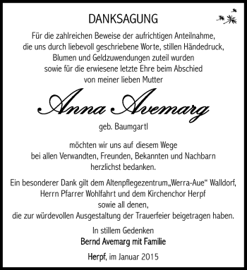 Traueranzeige von Anna Avemarg von Südthüringer Presse