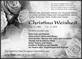 Traueranzeige von Christina Weisheit von Südthüringer Presse