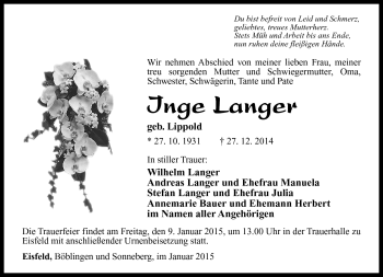 Traueranzeige von Inge Langer von Südthüringer Presse
