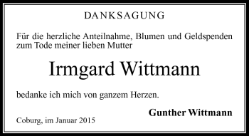 Traueranzeige von Irmgard Wittmann von Neue Presse Coburg