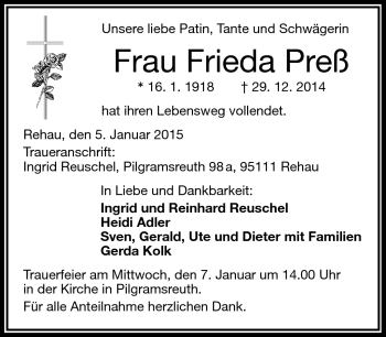 Traueranzeige von Frieda Preß von Frankenpost