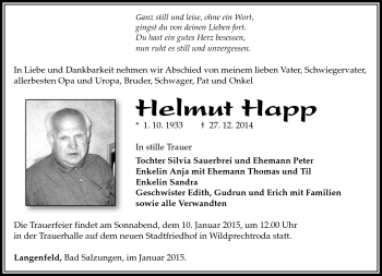 Traueranzeige von Helmut Happ von Südthüringer Presse