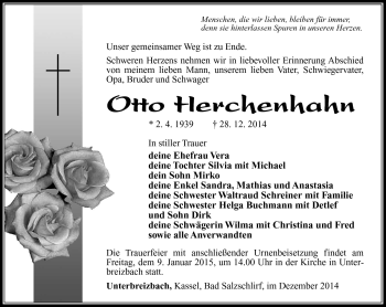 Traueranzeige von Otto Herchenhahn von Südthüringer Presse