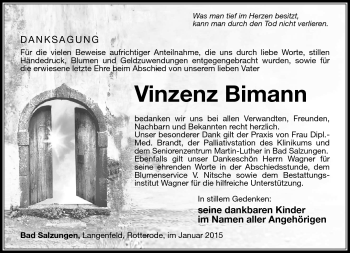 Traueranzeige von Vinzenz Bimann von Südthüringer Presse