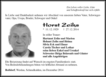 Traueranzeige von Horst Zeihs von Südthüringer Presse