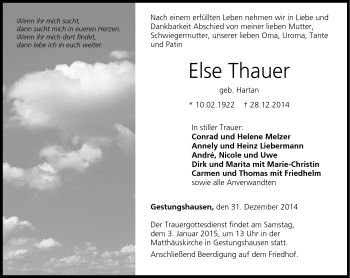 Traueranzeige von Else Thauer von Neue Presse Coburg