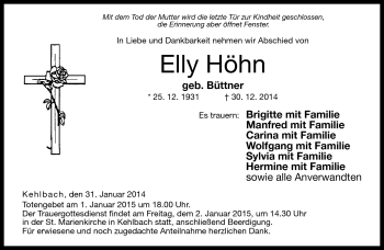 Traueranzeige von Elly Höhn von Neue Presse Coburg