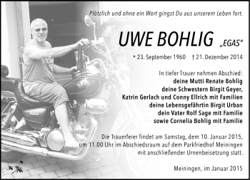 Traueranzeige von Uwe Bohlig von Südthüringer Presse