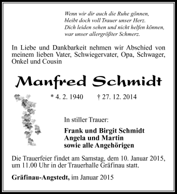 Traueranzeige von Manfred Schmidt von Südthüringer Presse