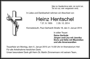 Traueranzeige von Heinz Hentschel von Frankenpost
