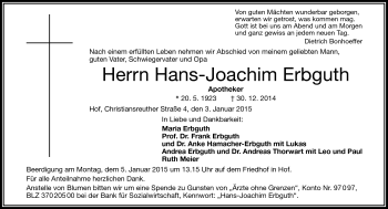 Traueranzeige von Hans-Joachim Erbguth von Frankenpost