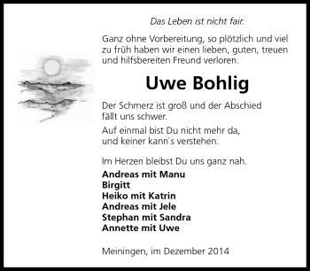 Traueranzeige von Uwe Bohlig von Südthüringer Presse