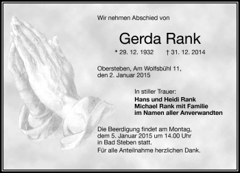Traueranzeige von Gerda Rank von Frankenpost