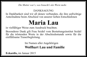 Traueranzeige von Maria Lau von Südthüringer Presse