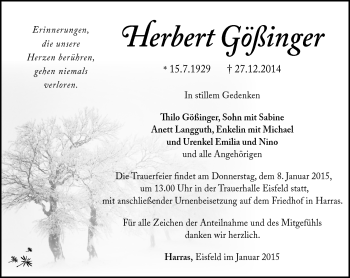 Traueranzeige von Herbert Gößinger von Südthüringer Presse